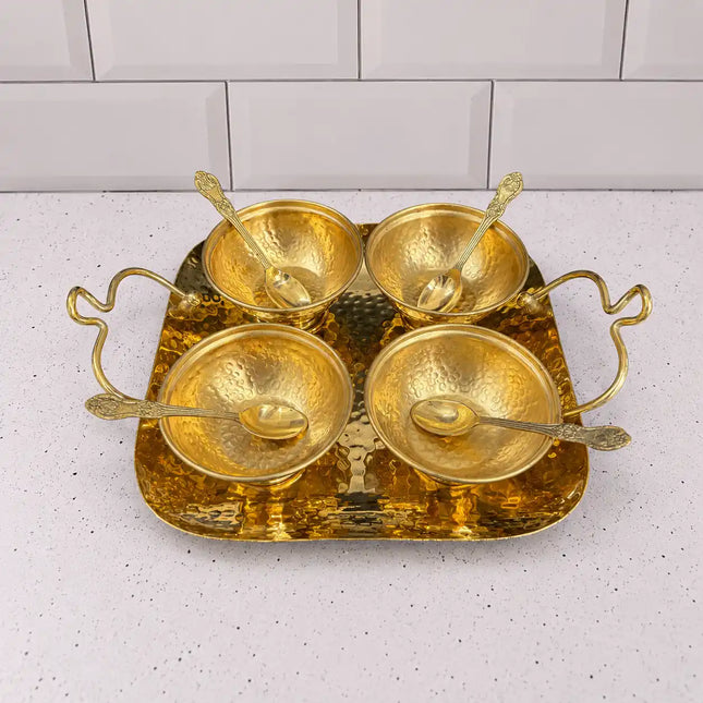 Brass Hammered Serving Tray / Platter With Bowl and Spoon Set With Velvet Box