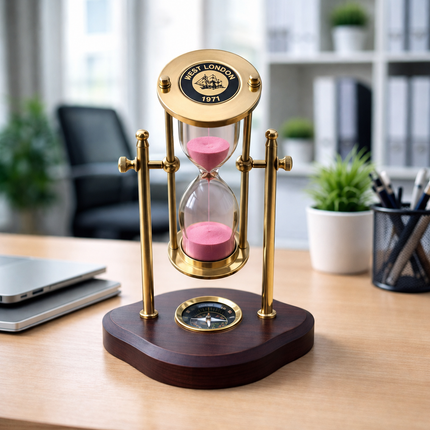 Brass Rotating Sand Clock With Compass And Wooden Stand