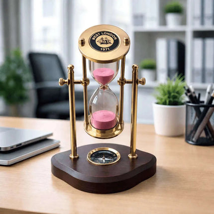 Brass Rotating Sand Clock With Compass And Wooden Stand