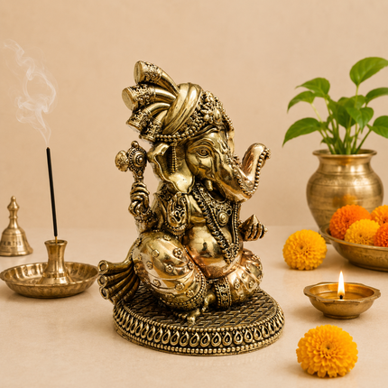 Brass Lightweight Sitting Pagdi Ganesha Idol (5 Inch)