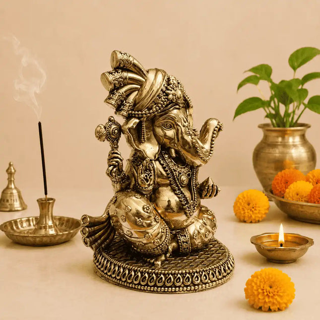 Brass Lightweight Sitting Pagdi Ganesha Idol (5 Inch)