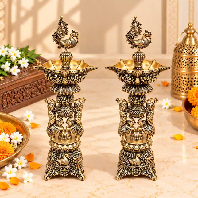 Brass Lightweight Peacock Samai/Lamp Pair