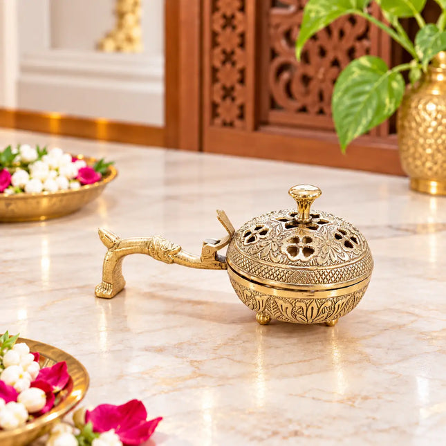 Brass Dhoop Dani & Incense Holder With Handle (3 Inch)