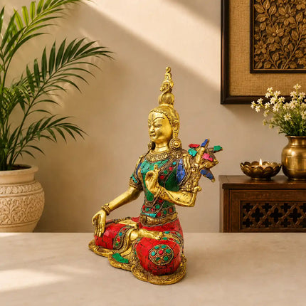 Brass Stone work Sitting Tara Devi Idol (11 Inch)