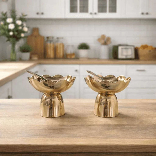 Brass Lotus Ice Cream Bowls with Spoons – Set of 2 (3.2 Inch)