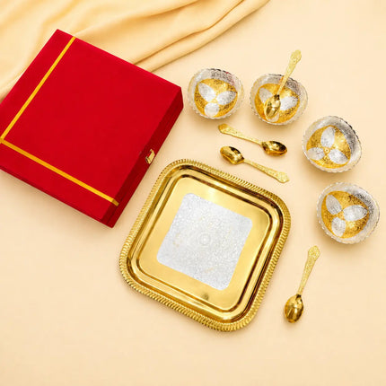 Brass Silver & Gold Finish 4 Bowl & 4 Spoon And 1 Tray Set With Velvet box