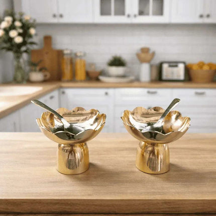 Brass Lotus Ice Cream Bowls with Spoons – Set of 2 (3.2 Inch)