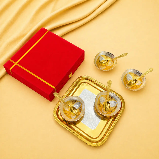 Brass Silver & Gold Finish 4 Bowl & 4 Spoon And 1 Tray Set With Velvet box