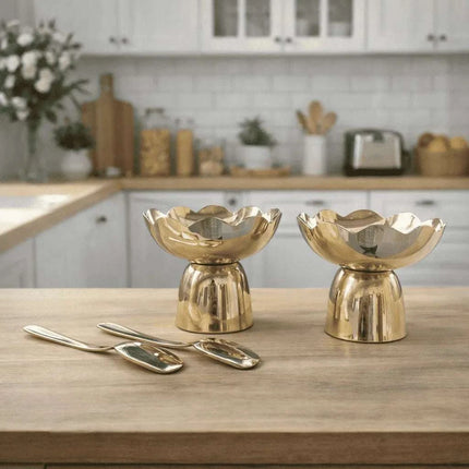 Brass Lotus Ice Cream Bowls with Spoons – Set of 2 (3.2 Inch)