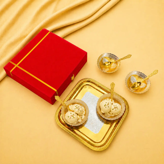 Brass Silver & Gold Finish 4 Bowl & 4 Spoon And 1 Tray Set With Velvet box
