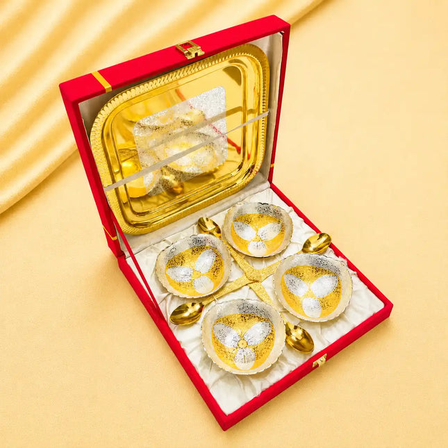 Brass Silver & Gold Finish 4 Bowl & 4 Spoon And 1 Tray Set With Velvet box
