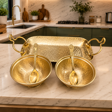 Brass Hammered Serving Tray With Bowl Set