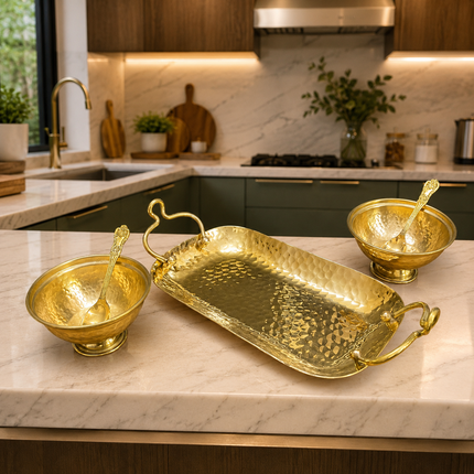 Brass Hammered Serving Tray With Bowl Set