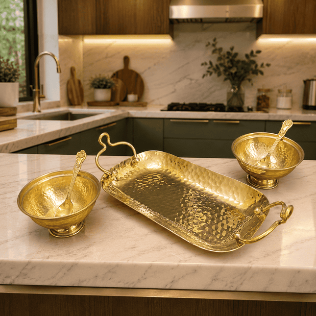 Brass Hammered Serving Tray / Platter With Bowl and Spoon Set With Velvet Box