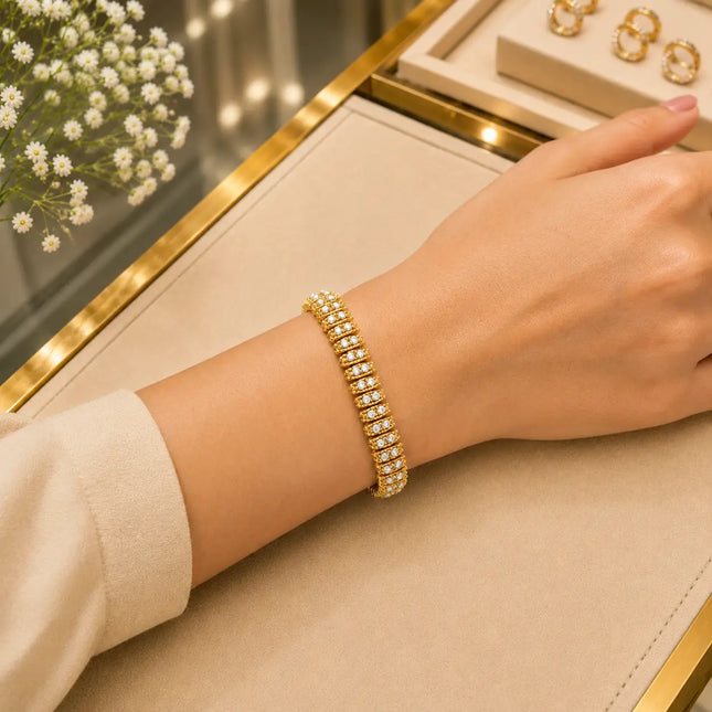 Tennis White Diamonds Bracelet Gold-Tone Clasp With Box