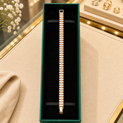 Tennis White Diamonds Bracelet Gold-Tone Clasp With Box