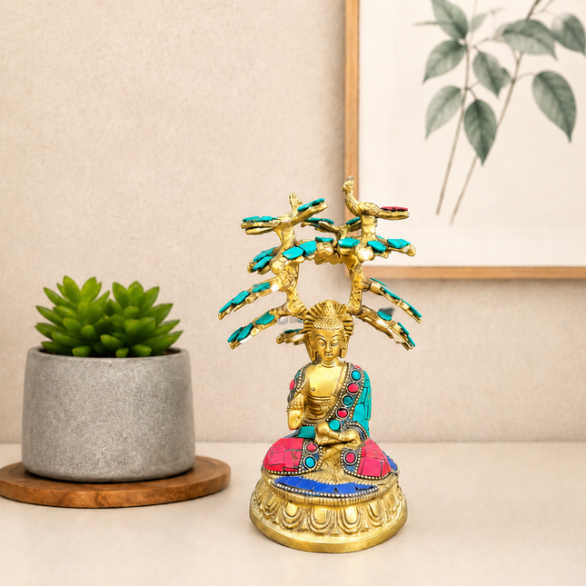 Brass Stone Work Blessing Buddha With Tree (7 Inch)