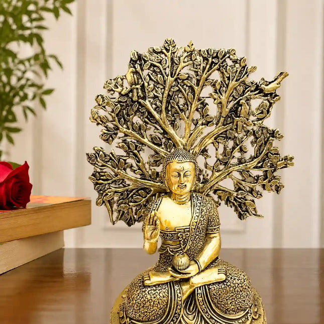 Brass Lightweight Buddha Statue With Tree (6.5 Inch)