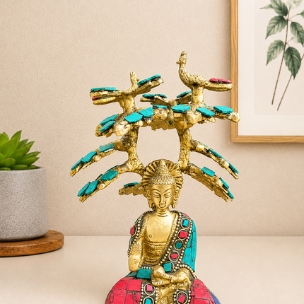 Brass Stone Work Blessing Buddha With Tree (7 Inch)