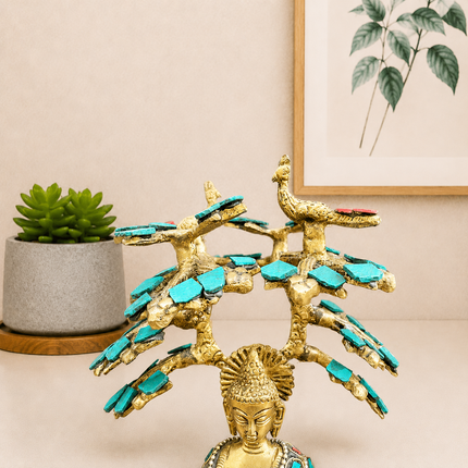 Brass Stone Work Blessing Buddha With Tree (7 Inch)