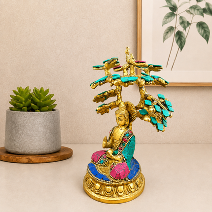 Brass Stone Work Blessing Buddha With Tree (7 Inch)