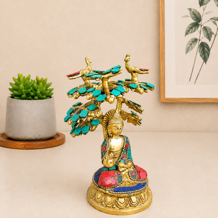 Brass Stone Work Blessing Buddha With Tree (7 Inch)