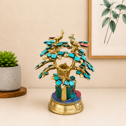 Brass Stone Work Blessing Buddha With Tree (7 Inch)