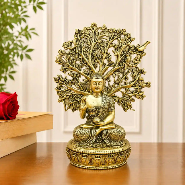 Brass Lightweight Buddha Statue With Tree (6.5 Inch)