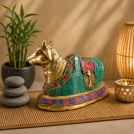 Brass Stone Work Sitting Nandi Idol