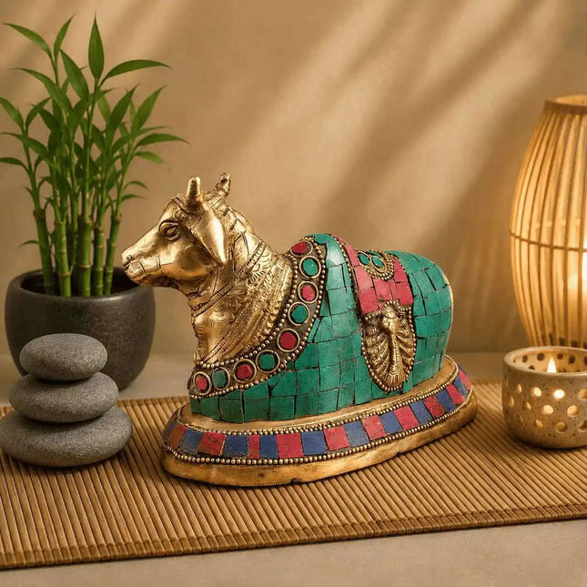 Brass Stone Work Sitting Nandi Idol (4.5 Inch)