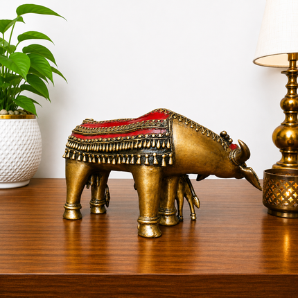 Brass Dhokra Kamdhenu Cow with Calf Statue (7 Inch)