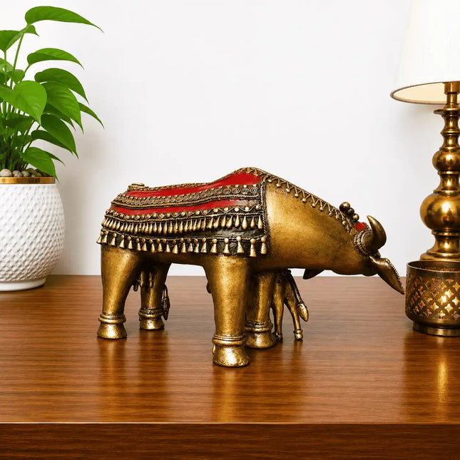 Brass Dhokra Kamdhenu Cow with Calf Statue (7 Inch)
