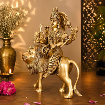 Brass Goddess Durga Sitting on Lion Superfine Idol (16.5 Inch)