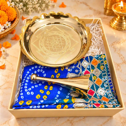 Brass Diwali Gift Hamper with Lotus Plate, Handbell and Pooja Asana