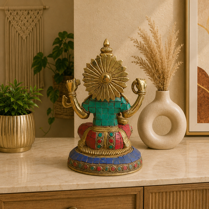Brass Stone Work Goddess Sitting Saraswati Idol (7.5 Inch)