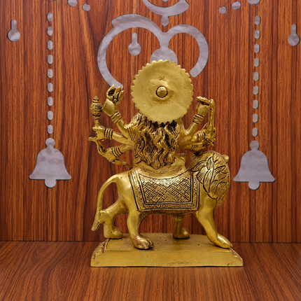 Brass Goddess Durga Sitting on Lion Statue (8.5 Inch)