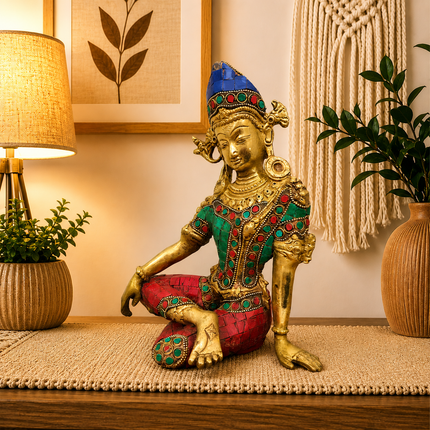 Brass Stone work Sitting Indra Dev Idol (9.5 Inch)