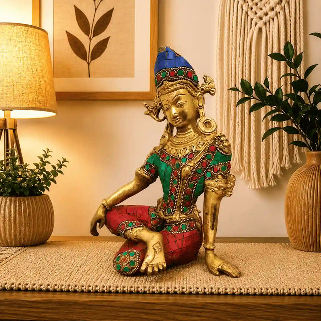 Brass Stone work Sitting Indra Dev Idol (9.5 Inch)