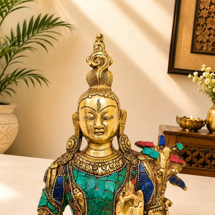 Brass Stone work Sitting Tara Devi Idol (11 Inch)