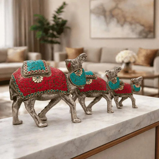 Brass Silver Plated Camal Statue With Stone Work Set of Three (6 Inch)