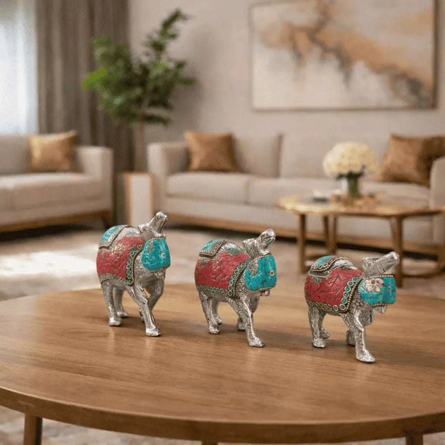 Brass Silver Plated Camal Statue With Stone Work Set of Three (6 Inch)