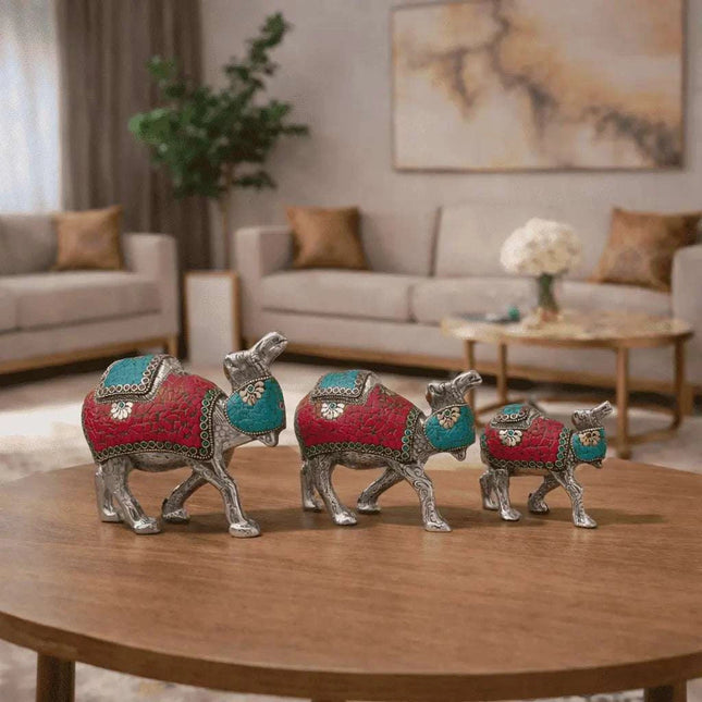 Brass Silver Plated Camal Statue With Stone Work Set of Three (6 Inch)