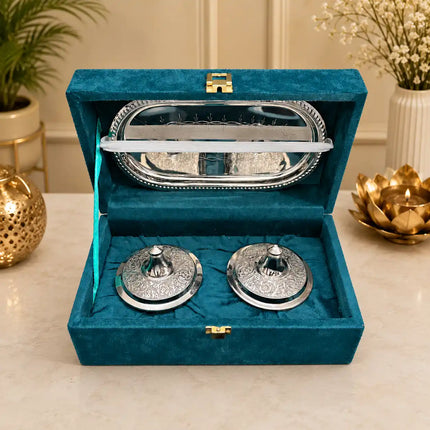 Brass Silver Plated Twin Bowl Set with Lids And Tray (3 Inch)