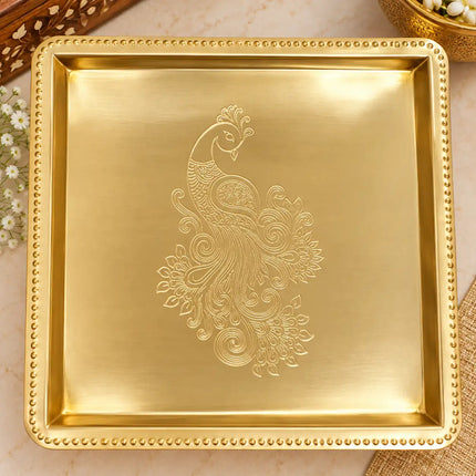 Brass Peacock Square Tray / Platter (8 Inch)