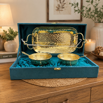 Brass Hammered Serving Tray With Bowl Set