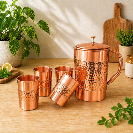 Copper Hammered Design Jug with Four Glass Set (8.8 Inch)
