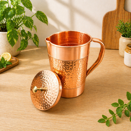 Copper Hammered Design Jug with Four Glass Set (8.8 Inch)