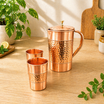 Copper Hammered Design Jug with Four Glass Set (8.8 Inch)
