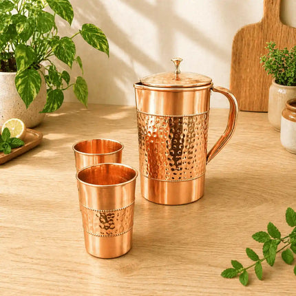 Copper Hammered Design Jug with Four Glass Set (8.8 Inch)