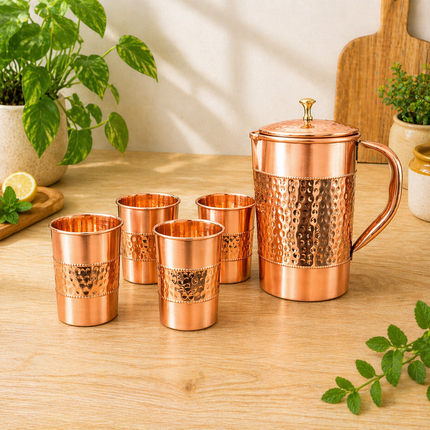 Copper Hammered Design Jug with Four Glass Set (8.8 Inch)